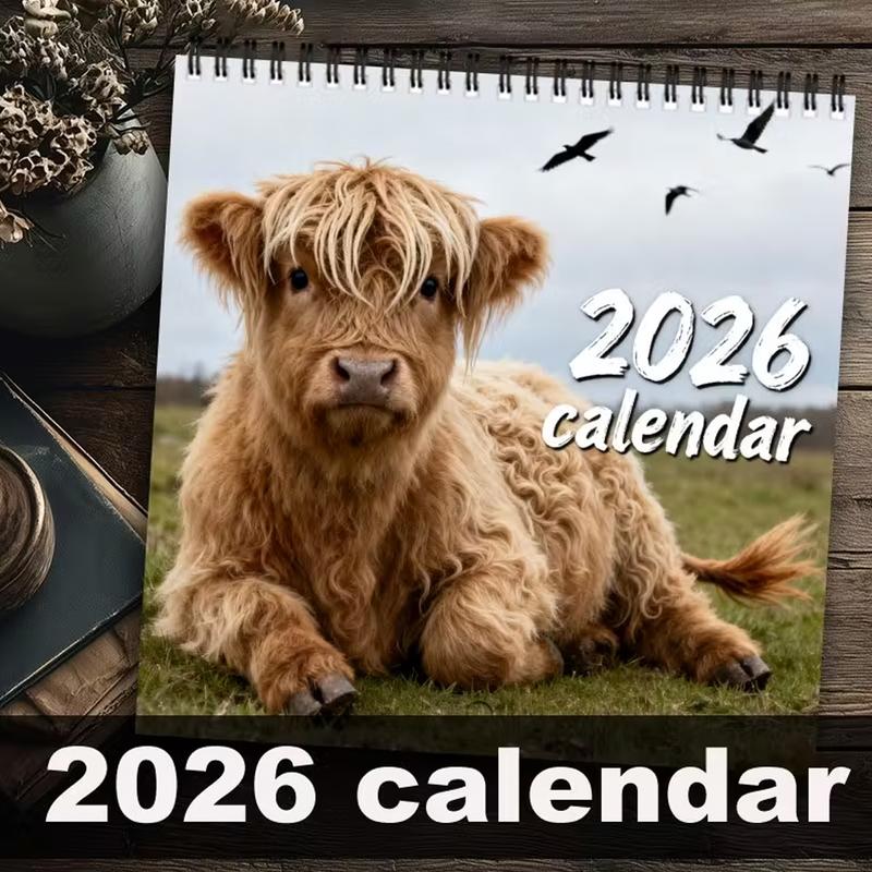 2026 Highland Cow Theme Wall Calendar, 12 Months Colorful Illustrations, 7.9in X 7.9in Perfect Size, Cute Fun Highland Cow Art Decor Gift