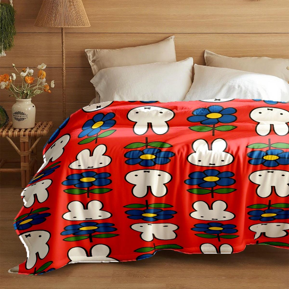 Miffy Rabbit Floral Flannel Cozy Blanket, Soft Lightweight Warm, 100% Fiber, Perfect for Bed Sofa Office Camping Travel Gift