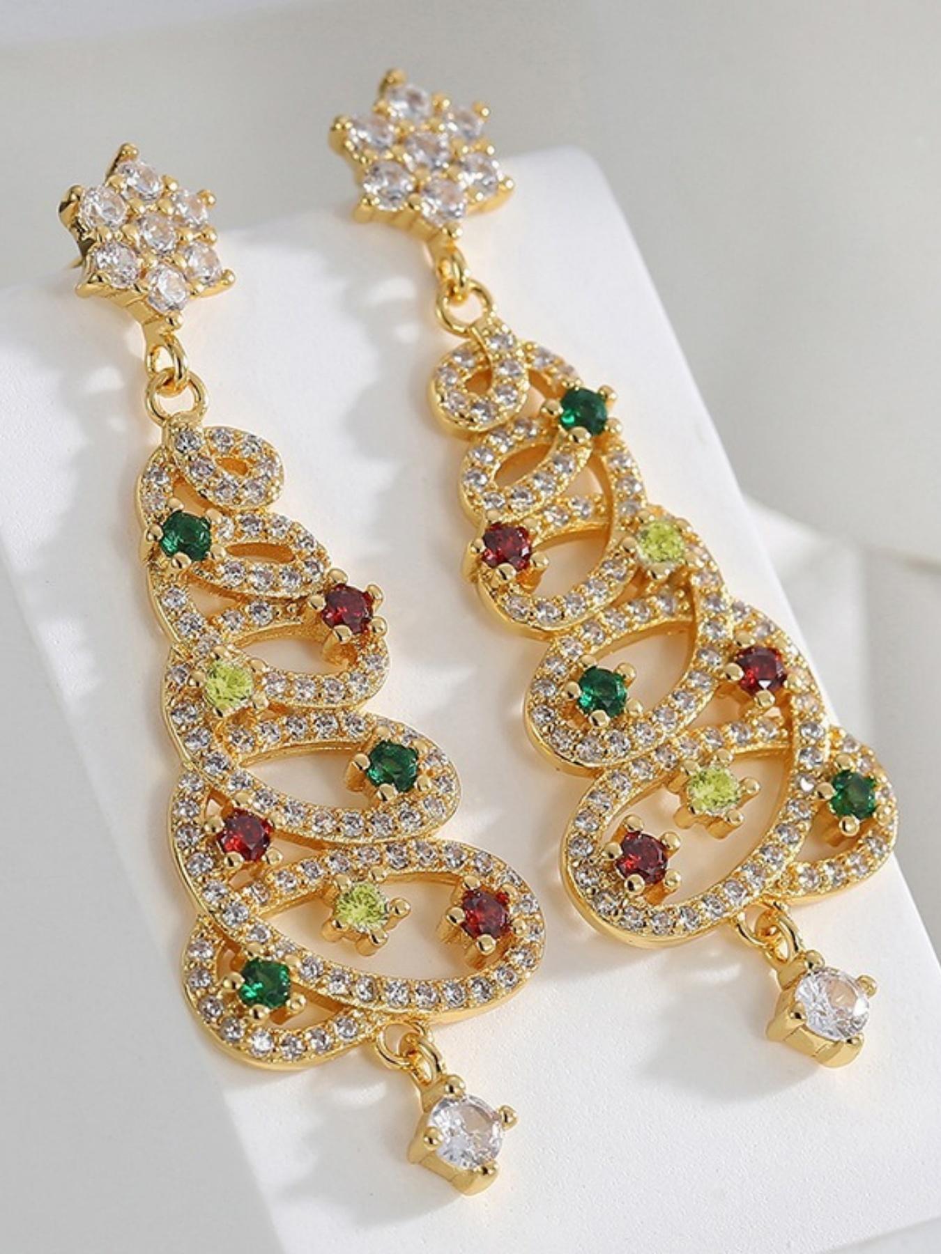 Women's Colorful Zirconia Christmas Tree Dangle Earrings, Festive Jewelry Accessories for Women Celebrating Holiday Season