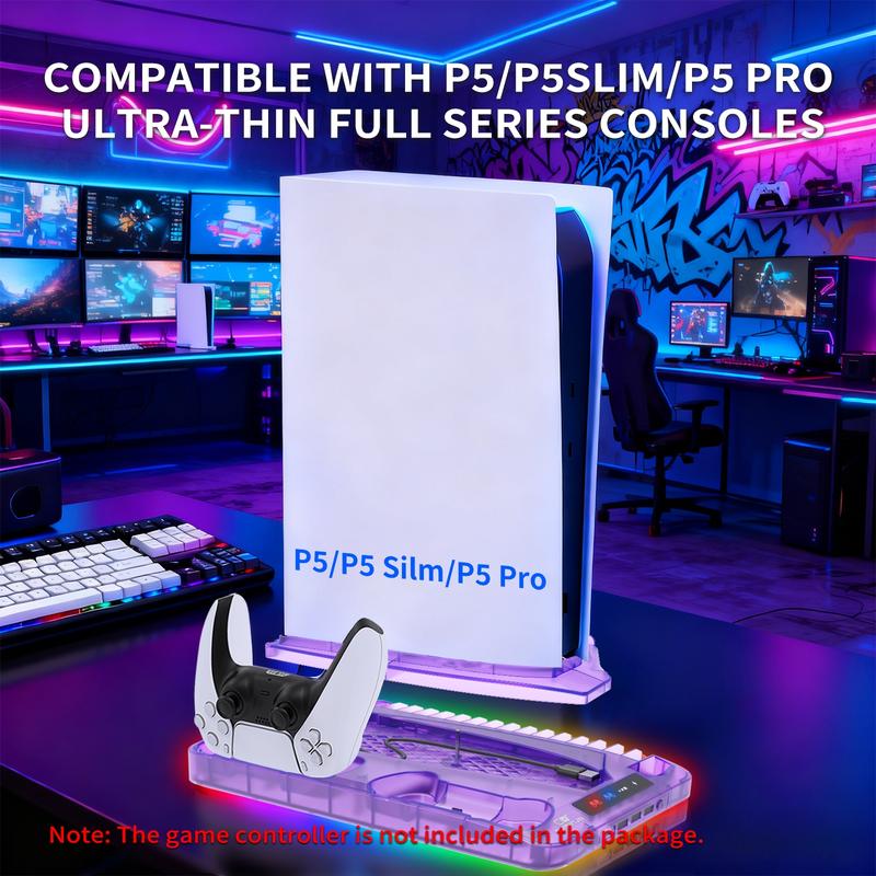 Gaming Console Charging Base, Dual Charging Stand with Earphone Hook, Vertical Cooling Support, Console Accessories for PS5 Controller, Charging Dock Accessories