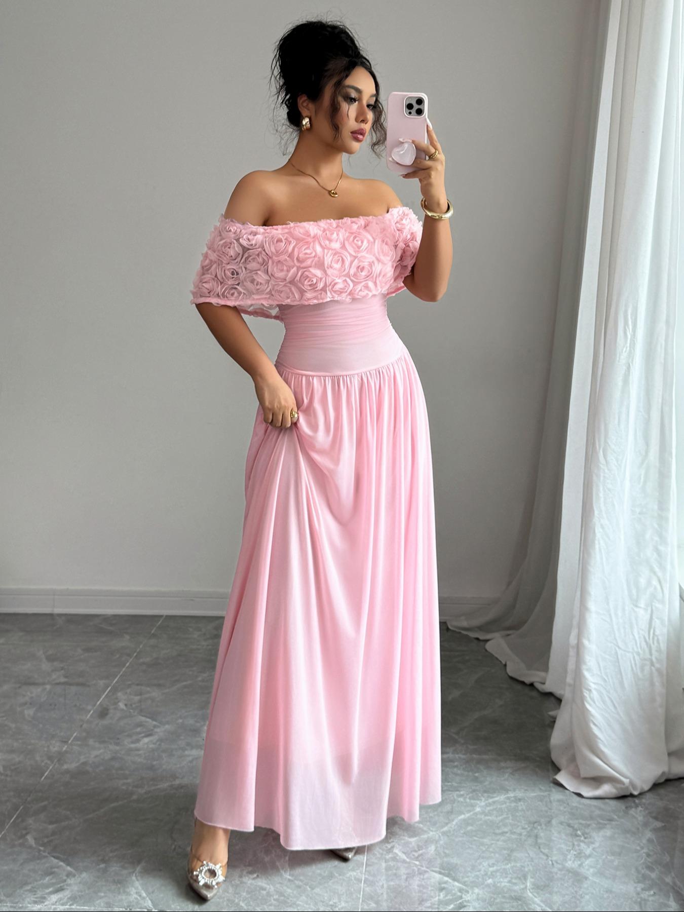 Fashion Elegant Chic One Shoulder Floral Decorated Waist Cinched Long Dress, Fitted Plain Style for Fall & Winter, Women's Clothing