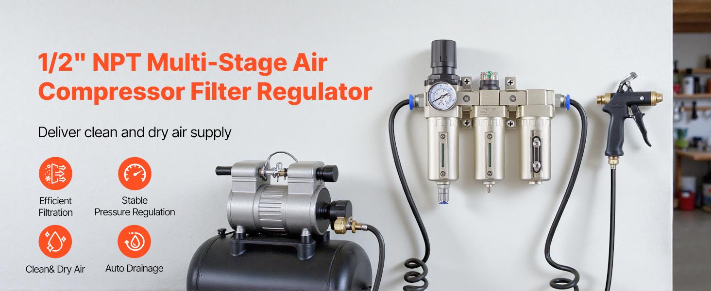 VEVOR Air Compressor Filter Regulator, 1/2 NPT 3-Stage 5m 0.3m 0.1m Air Drying System with Micron Filters and Desiccant Dryer, Auto Drain Air Compressor Water Separator 175PSI Max Pressure VEVOR Air Compressor Filter Regulator, 1/2 NPT 3-Stage 5m 0.3m 0.1m Air Drying System with Micron Filters and Desiccant Dryer, Auto Drain Air Compressor Water Separator 175PSI Max Pressure