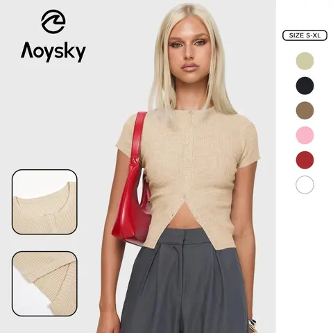 Aoysky Women's Fitted Collared Short-Sleeve Knit Shirt - Basic Ribbed Button-Down Cropped Top with Pocket, All Seasons School & Summer Casual Style, Soft Fabric