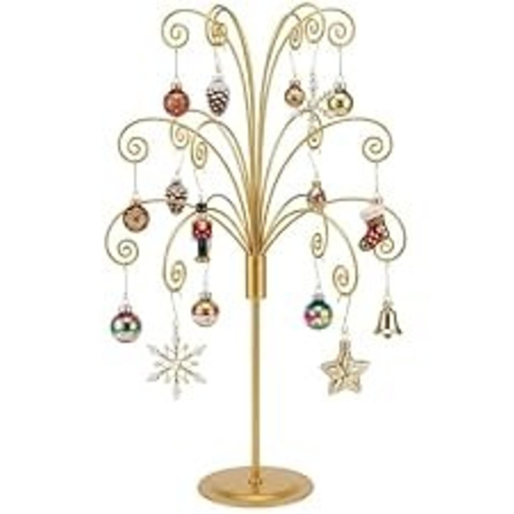 20" Gold Ornament Display Stand Metal Hanging Tree Holder | Displays crystal ornaments, glass baubles, keepsakes and seasonal décor with a sturdy tabletop hanging stand.