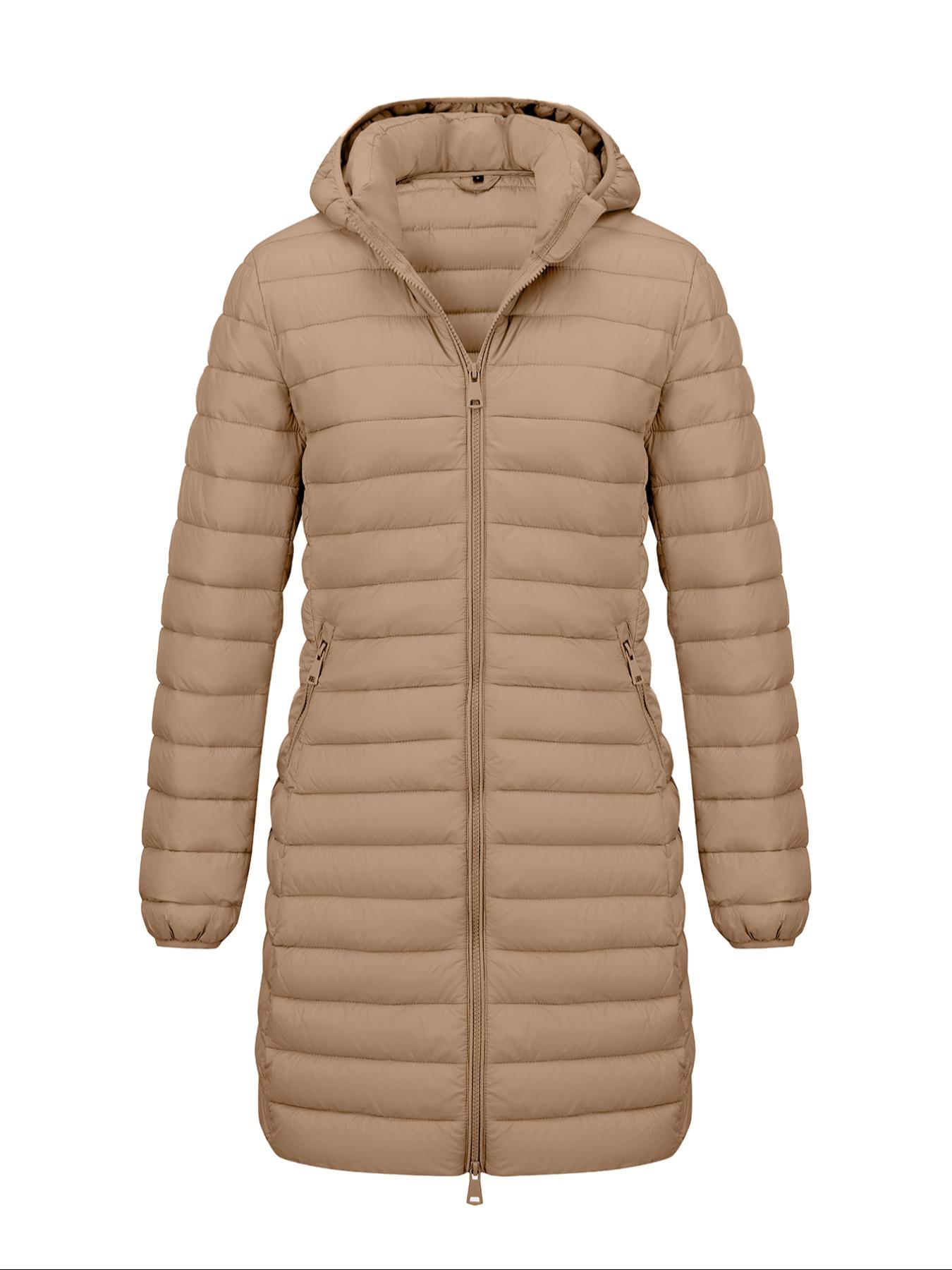Women's Mid-Length pufferHooded Jacket with Zipper Pockets, Casual Plain Woven Fabric Coat for Fall & Winter Outdoor Commuting