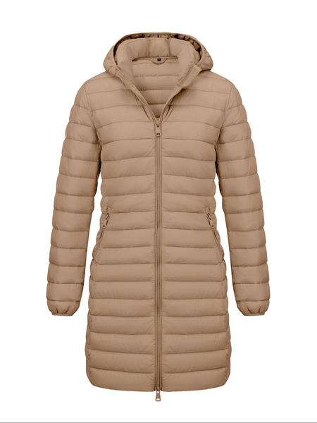 Women's Mid-Length pufferHooded Jacket with Zipper Pockets, Casual Plain Woven Fabric Coat for Fall & Winter Outdoor Commuting
