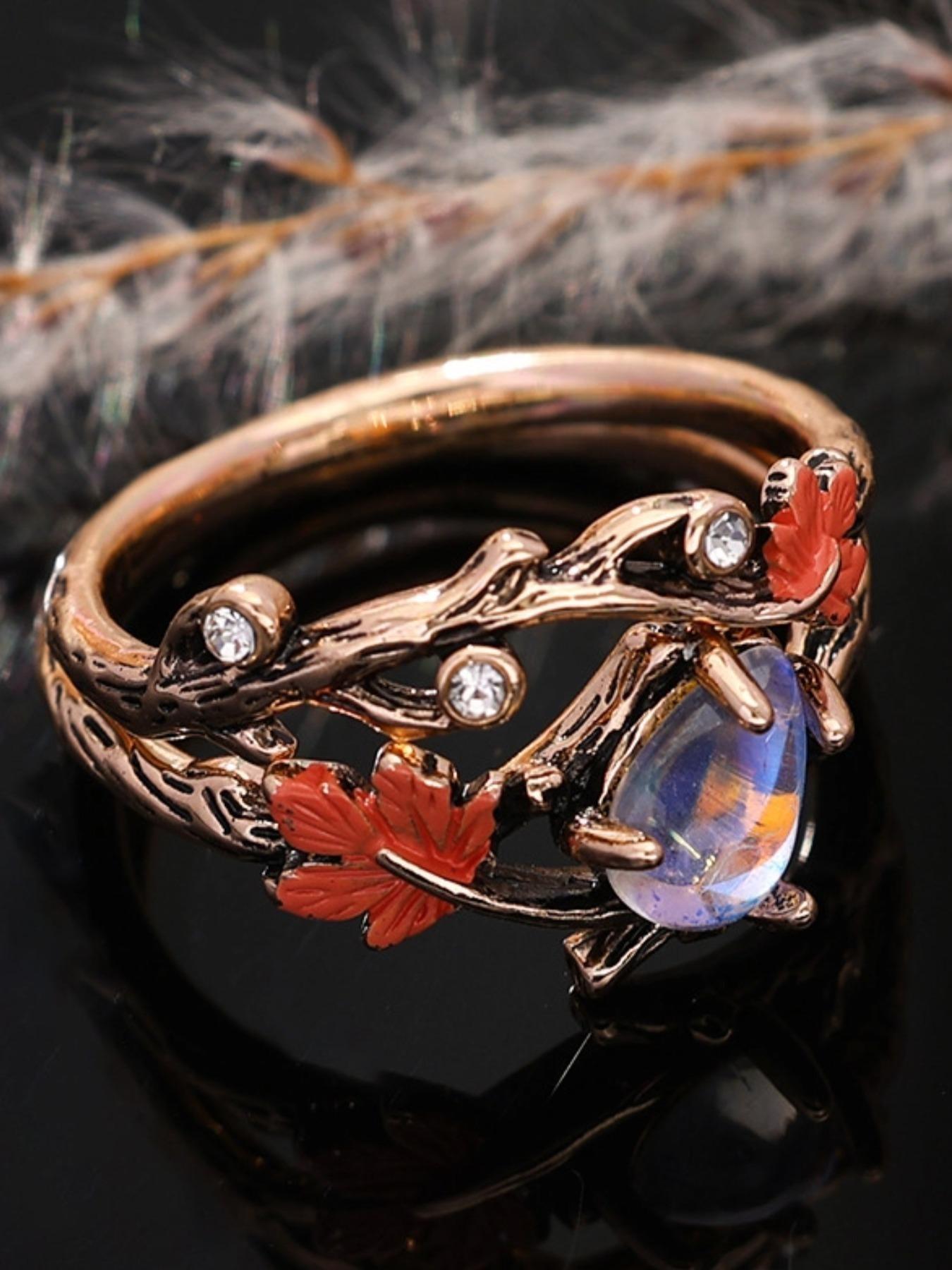 Vintage Maple Leaf Moonstone Ring, Retro European Court Index Finger Ring, Antique Old Money Style, Elegant Jewelry Accessory