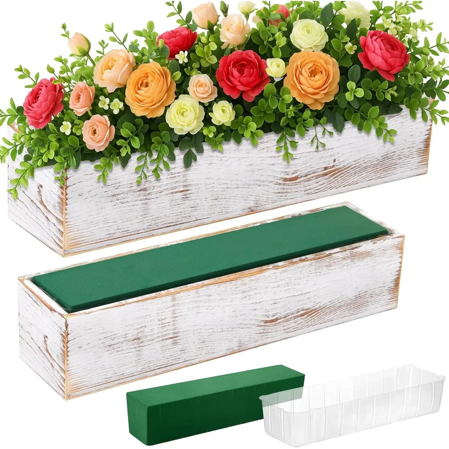 2 Set Wood Boxes for Centerpieces 16x4 Inch Rectangle Wooden Planter Box Rustic Wooden Planters with Removable Plastic Liner Floral Foam Blocks for Christmas Wedding Home Garden Decor(White)