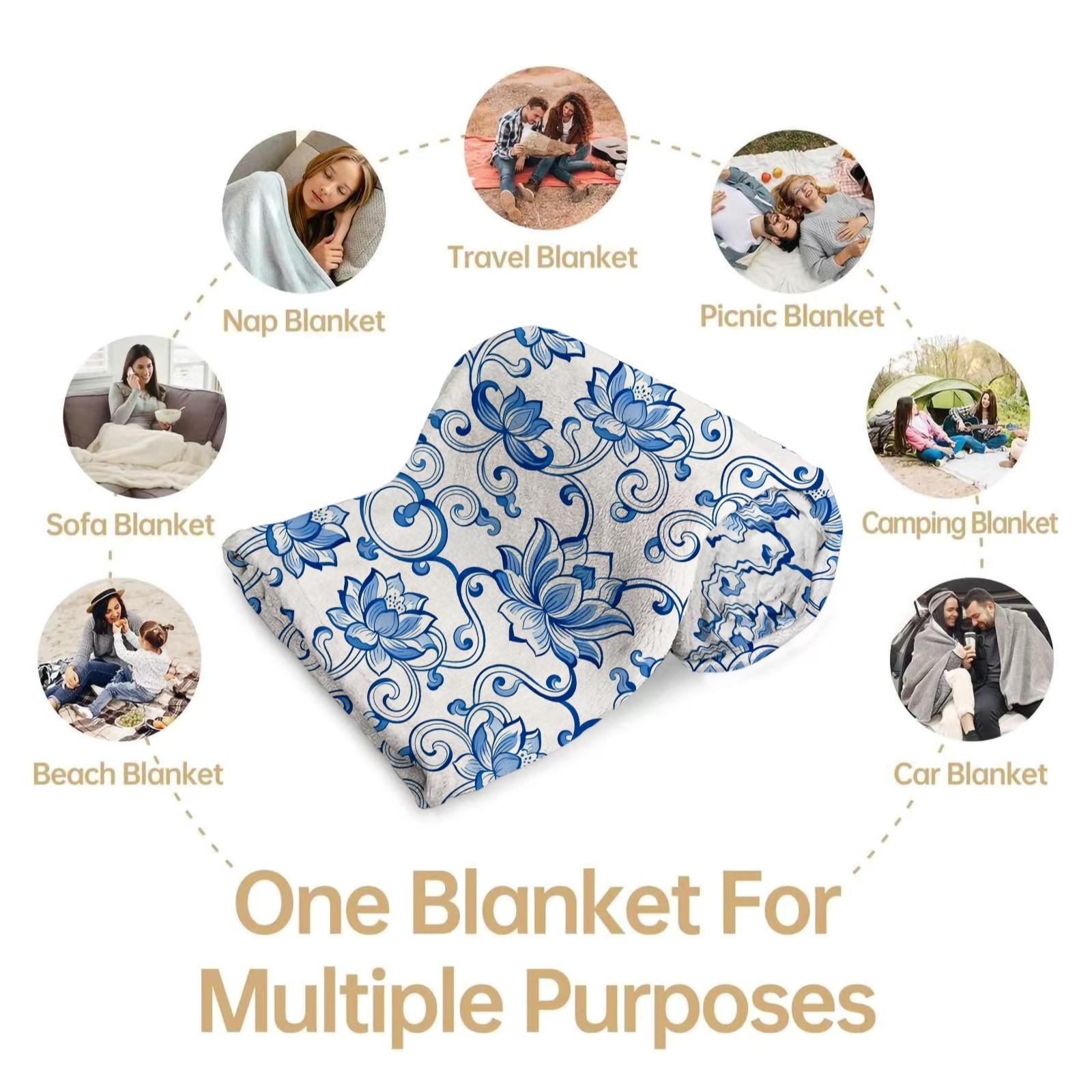 1 Pack Blue and White Porcelain Lotus Single-Side Printed Flannel Blanket, HD Digital Print Chinoiserie Floral Ultra-Soft Plush Throw Blanket, Warm Cozy Multipurpose All Season Gift Blanket for Couch Bed Travel