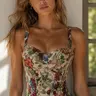 Women's Floral Print Lace Corset Top, Spaghetti Strap Push-Up Bustier, Waist Cinching, Vintage Style, All Over Print