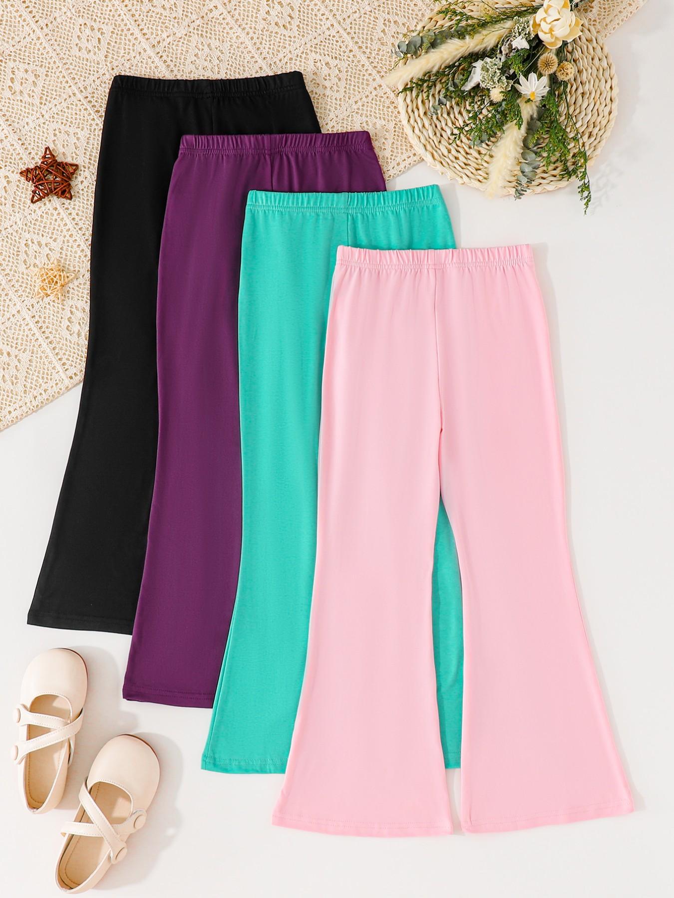 4-Pack Girls' Plain Comfortable Stretchy Casual Bell Bottom Pants, Elastic Outdoor Sports Leisure Bell Bottoms, Suitable for Ages 3+