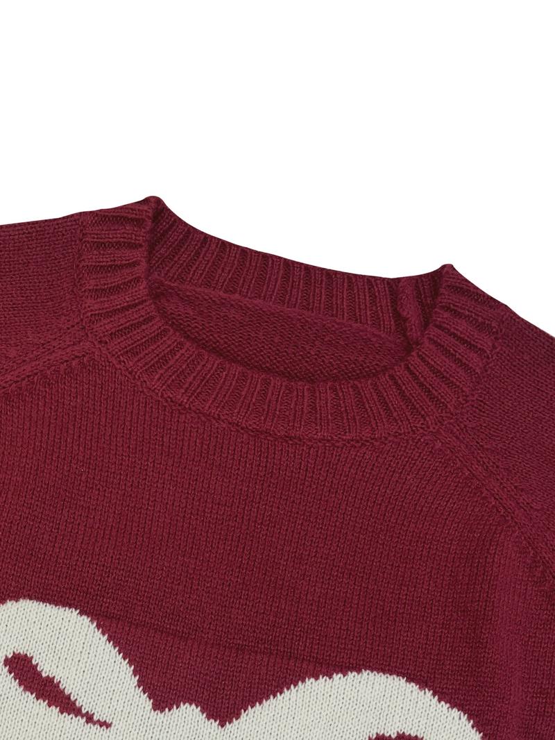 Elegant Women's Loose Bow Embroidered Moire Sweater, Casual Round Neck Long Sleeve Knitwear, Spring & Fall Fashion