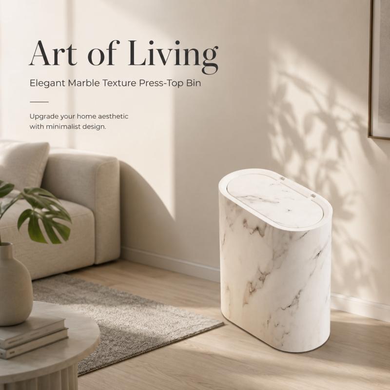 Elegant Marble Grain Press Top Trash Can, Slim & Space-Saving Design, Eco-Friendly & Durable, for Bathroom, Kitchen, Living Room