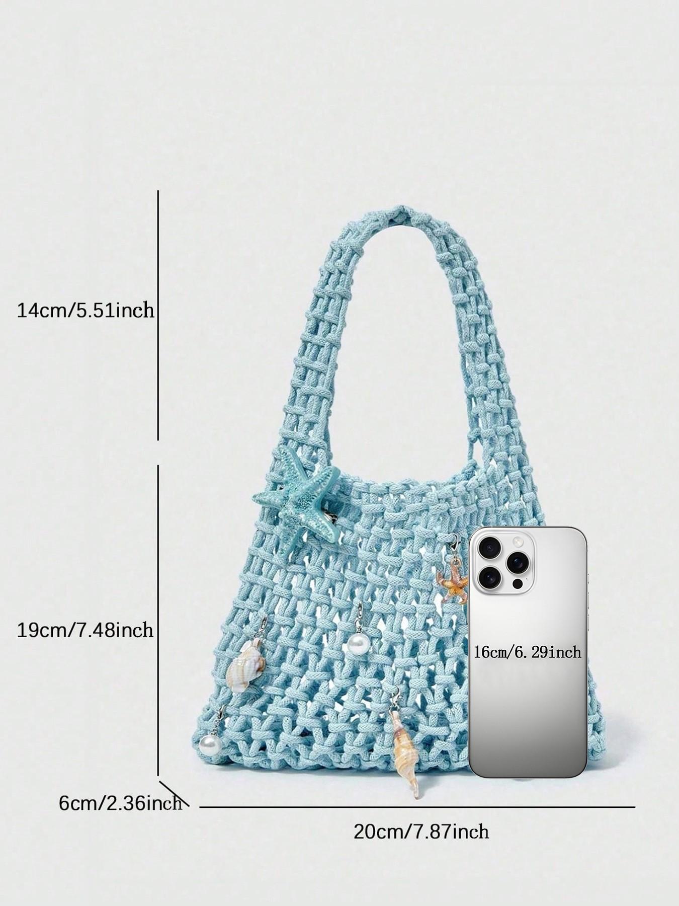 Gentle and stylish vintage woven handbag with starfish, shells, and pearls embellishment, sweet and exquisite style, can accommodate headphones and lipstick, suitable for party/vacation dressing scenes
