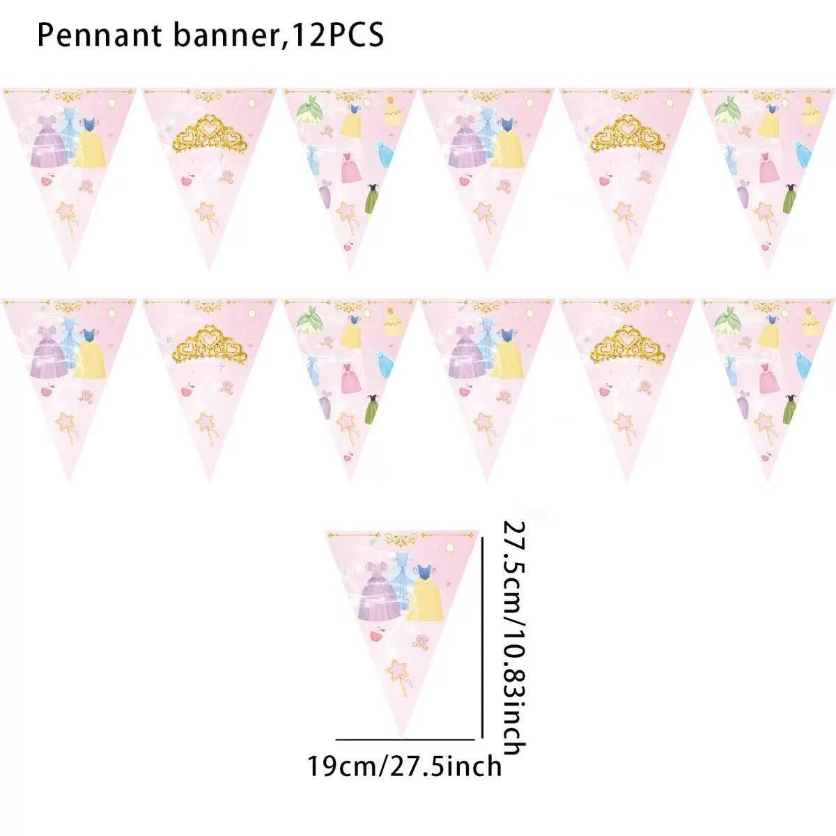 12pcs set of girls' clothing-themed party supplies Happy Birthday banner party decorations, featuring pink triangular flags with crown and dress print design, home wall decoration, wedding anniversary, holiday celebration supplies