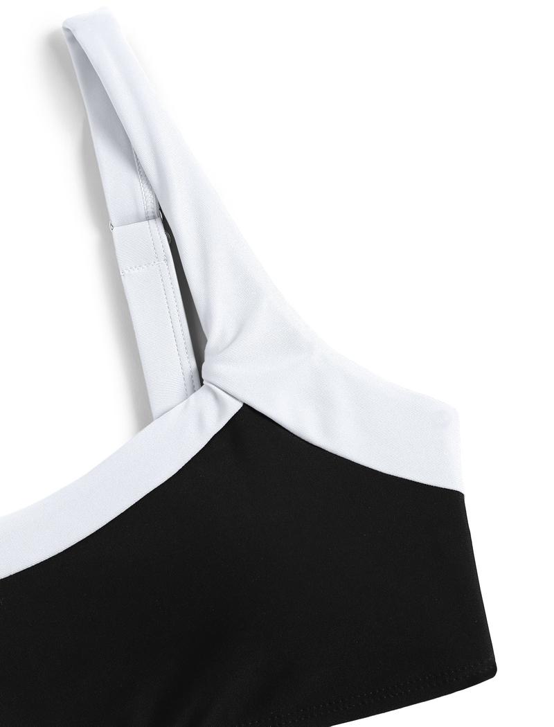 Women Summer Beach Fashion Color Block High Waisted Spaghetti Strap Bikini Set Two Piece Bathing Suits