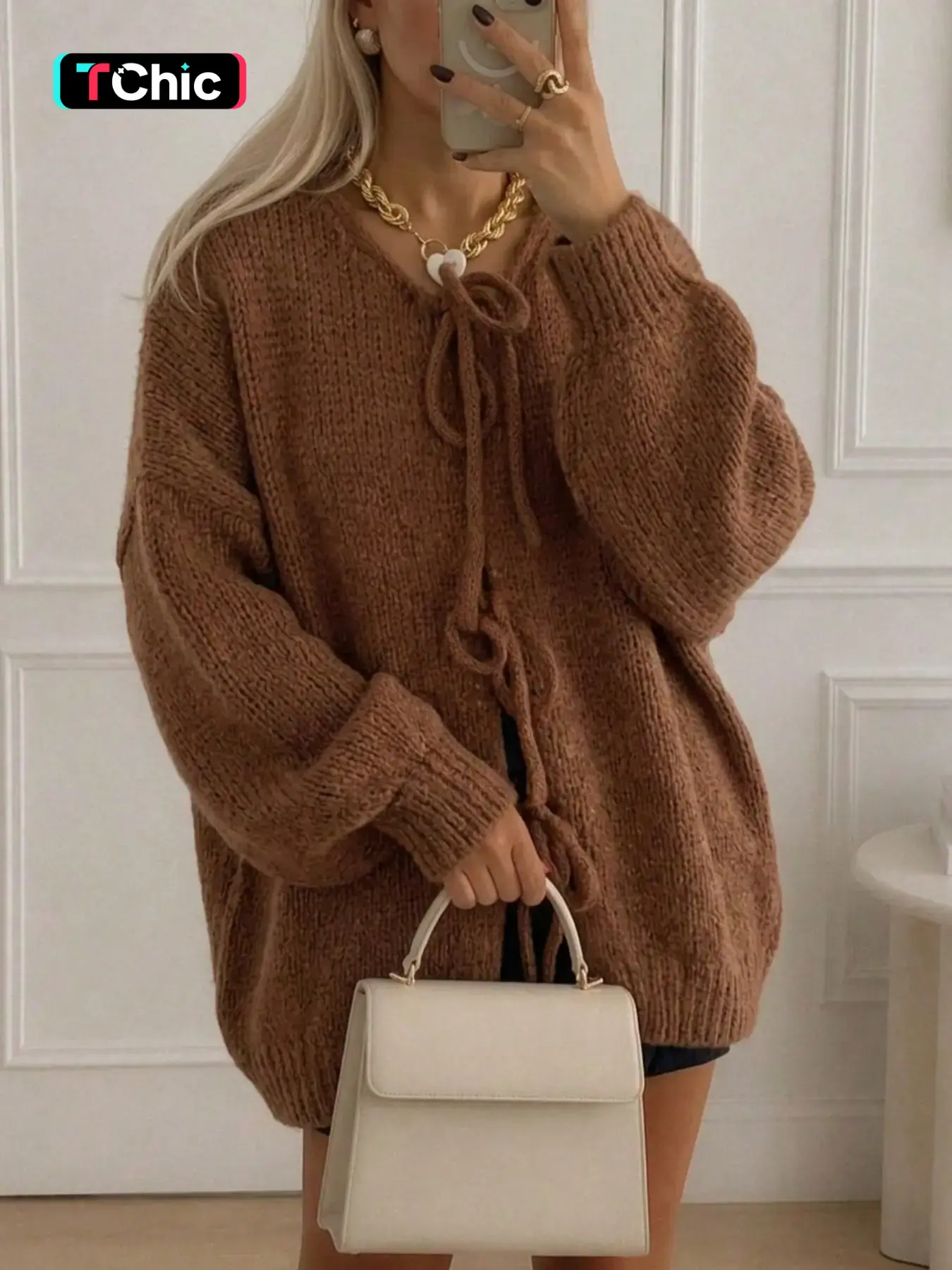 Women's Caramel Casual Knit Cardigan, Adjustable Drawstring Front, Loose Bubble Sleeves, Thick Soft Warm Fabric, Oversized Fall Winter Top