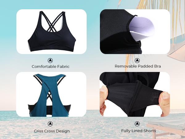 Tempt Me Three Piece Tankini Swimsuits for Women Athletic Bathing Suits Swim Tank Top with Boy Shorts and Bra Modest Swimwear