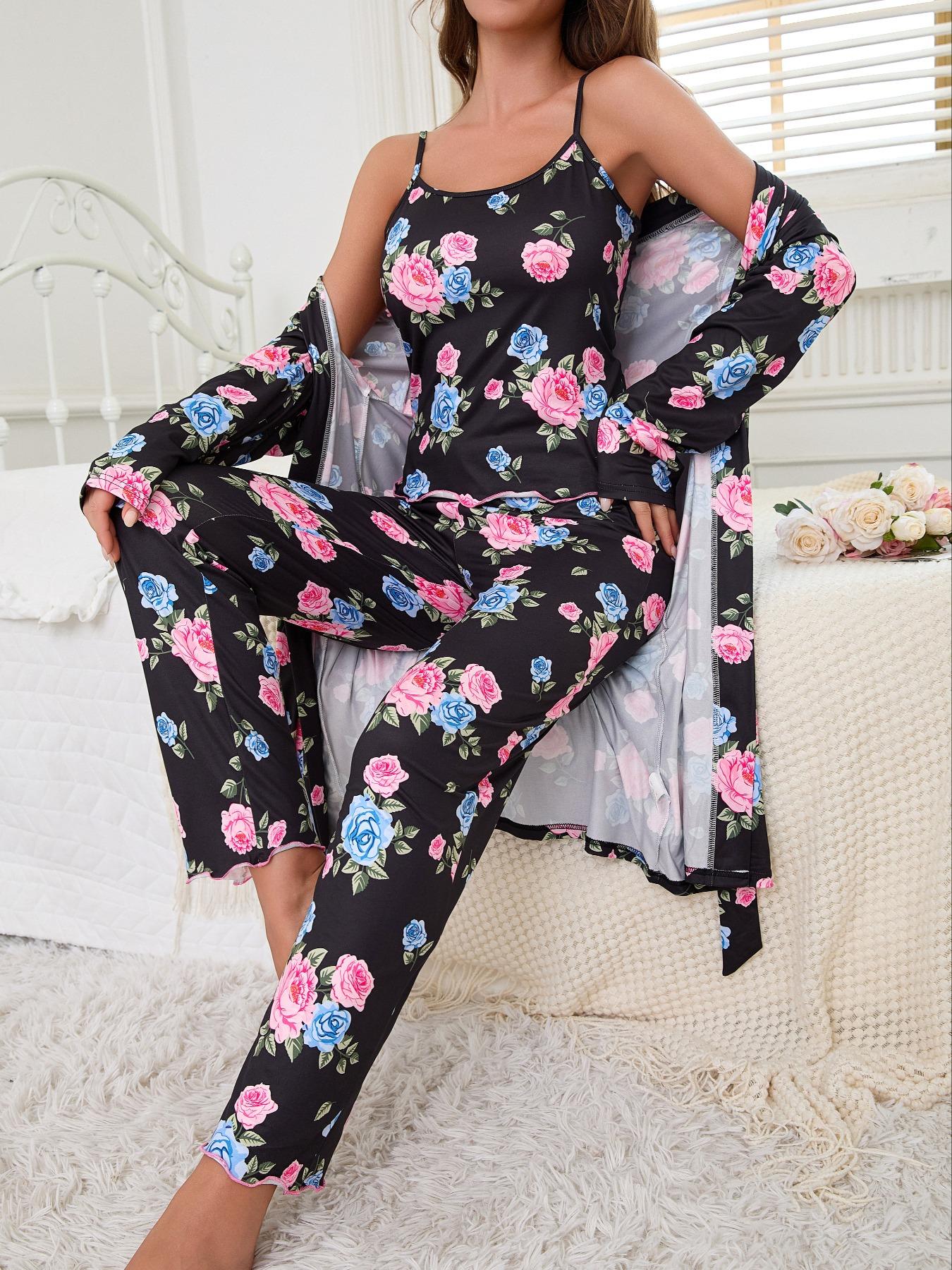 Floral Print Women's Robe Set + Strap Pants Three-Piece Comfortable Pajama Sleepwear Suit, Casual Home Wear for All Seasons
