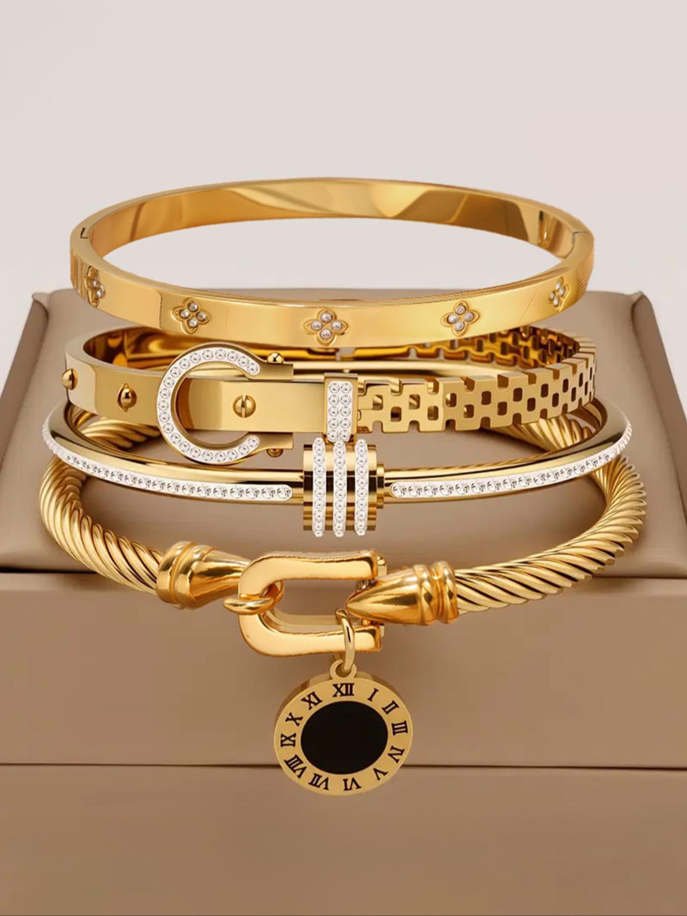 4-Piece Luxury Stainless Steel High Quality Bracelet Set, Women's Gold-plated Rhinestone Decorative Stackable Bracelets, Classic Wrist Accessory, Perfect Exquisite Holiday Gift