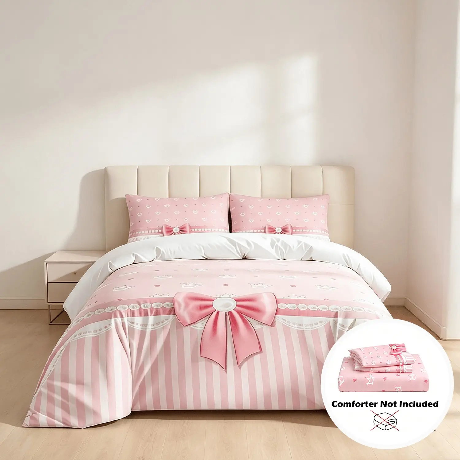 Bowknot Bedding Set, 3-piece set includes 1 duvet cover and 2 pillowcases (duvet & pillow inserts not included). Made of soft and breathable fabric. It is an ideal gift for couples and a lovely decor to warm up your home.