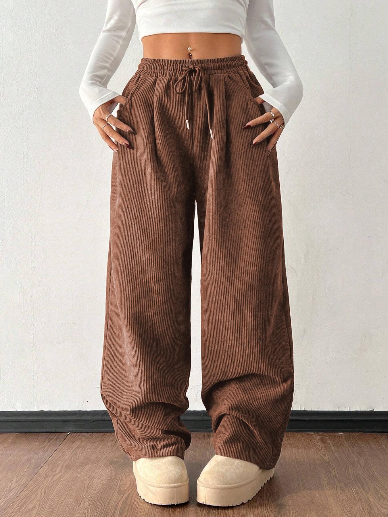 Women's Vintage Loose-Fitting Solid Corduroy Drawstring Pants, Casual All-Season Straight Leg Trousers for Autumn & Winter Valentine's Day