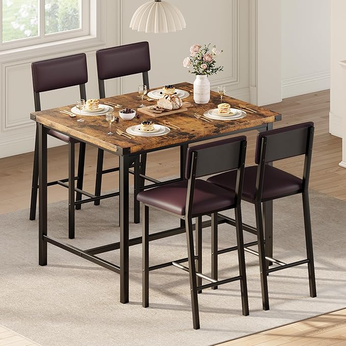 Dining Table Set for 4 w/Counter Height Table & 4 Upholstered Bar Stools, 5-Piece Kitchen Table Set with Footrest & Corner Protector, for Kitchen Room, Apartment