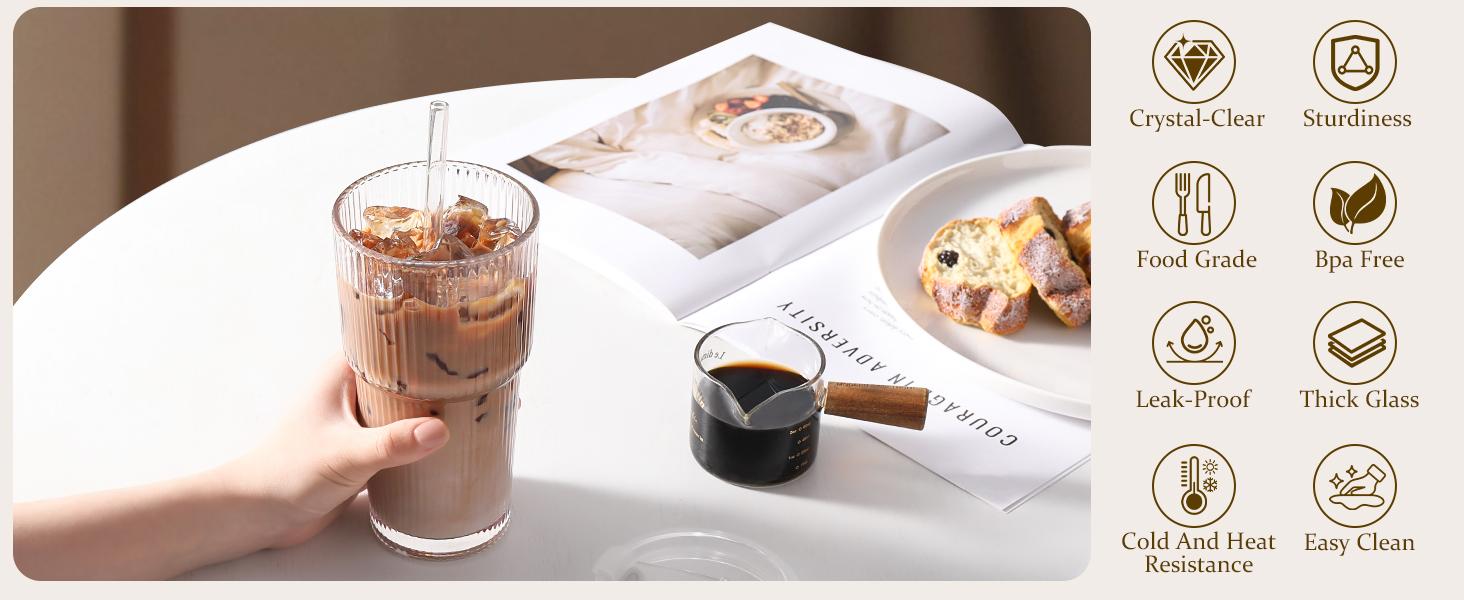 Iced Coffee Cups with Lids: Coffee Bar Accessories - Ribbed Glass Tumbler with Straw and Lid 4Pcs - 20oz Leak Proof Tumbler - Reusable Glass Cups and Tumblers with Lid and Straws for To Go Iced Coffee