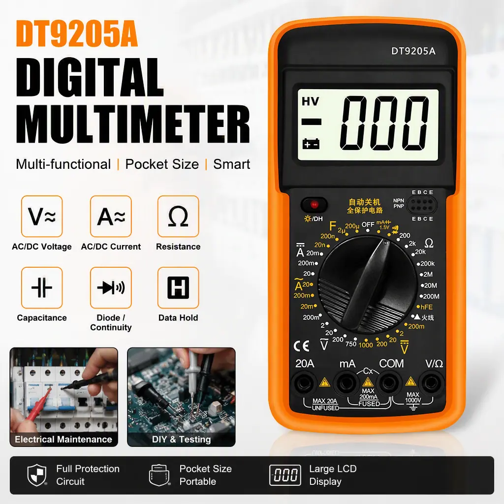 Handheld Digital Multimeter DT9205A, Multi-range Electric Tester, Measure Voltage, Current, Resistance, Capacitance & Diode