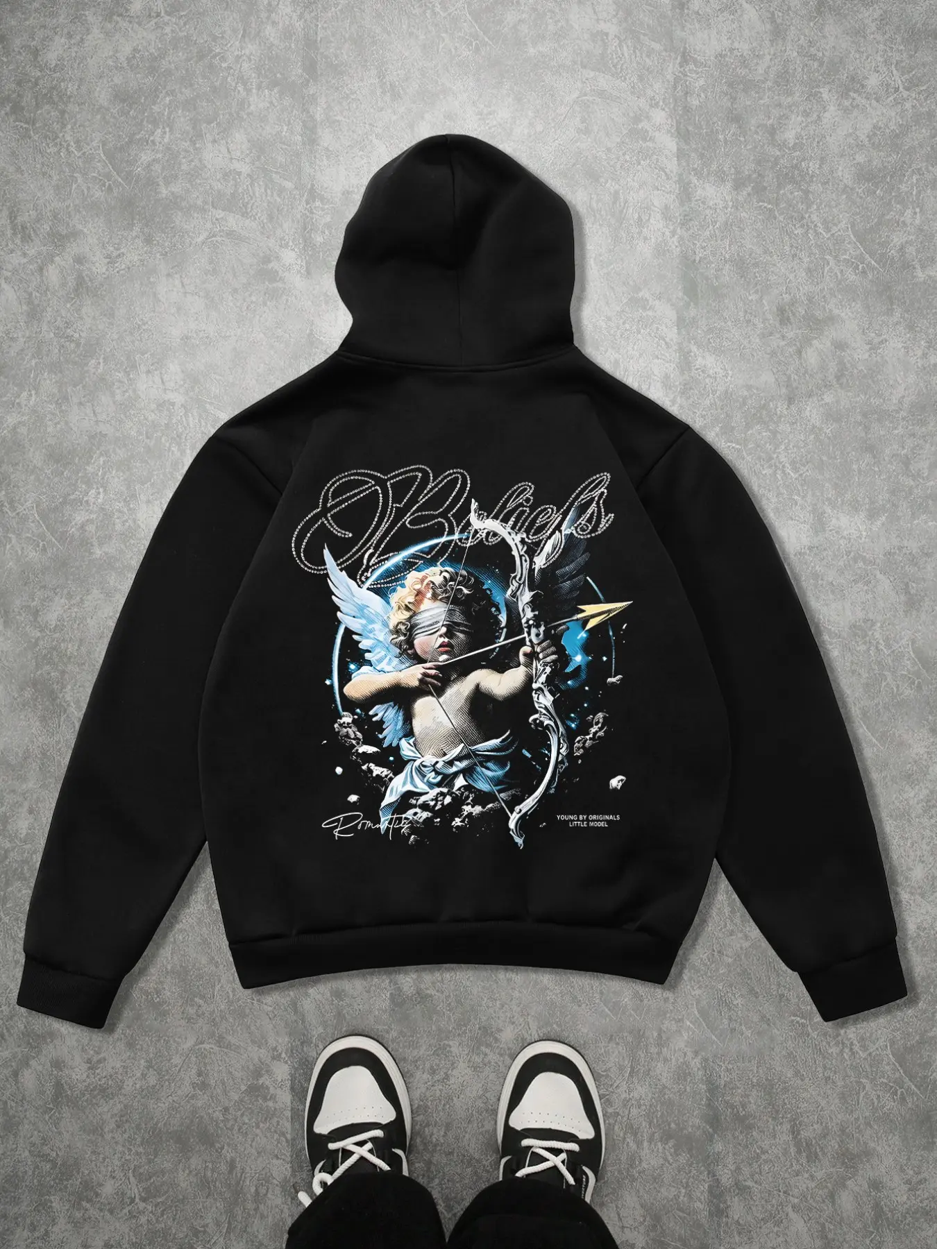 Men Black Front Back Print Pullover Hoodie, Blindfold Cupid Angel & Beliefs Script Graphic Hooded Sweatshirt, Loose Drop Shoulder Streetwear Top for Campus Skater Daily Hip Hop Street Outfit