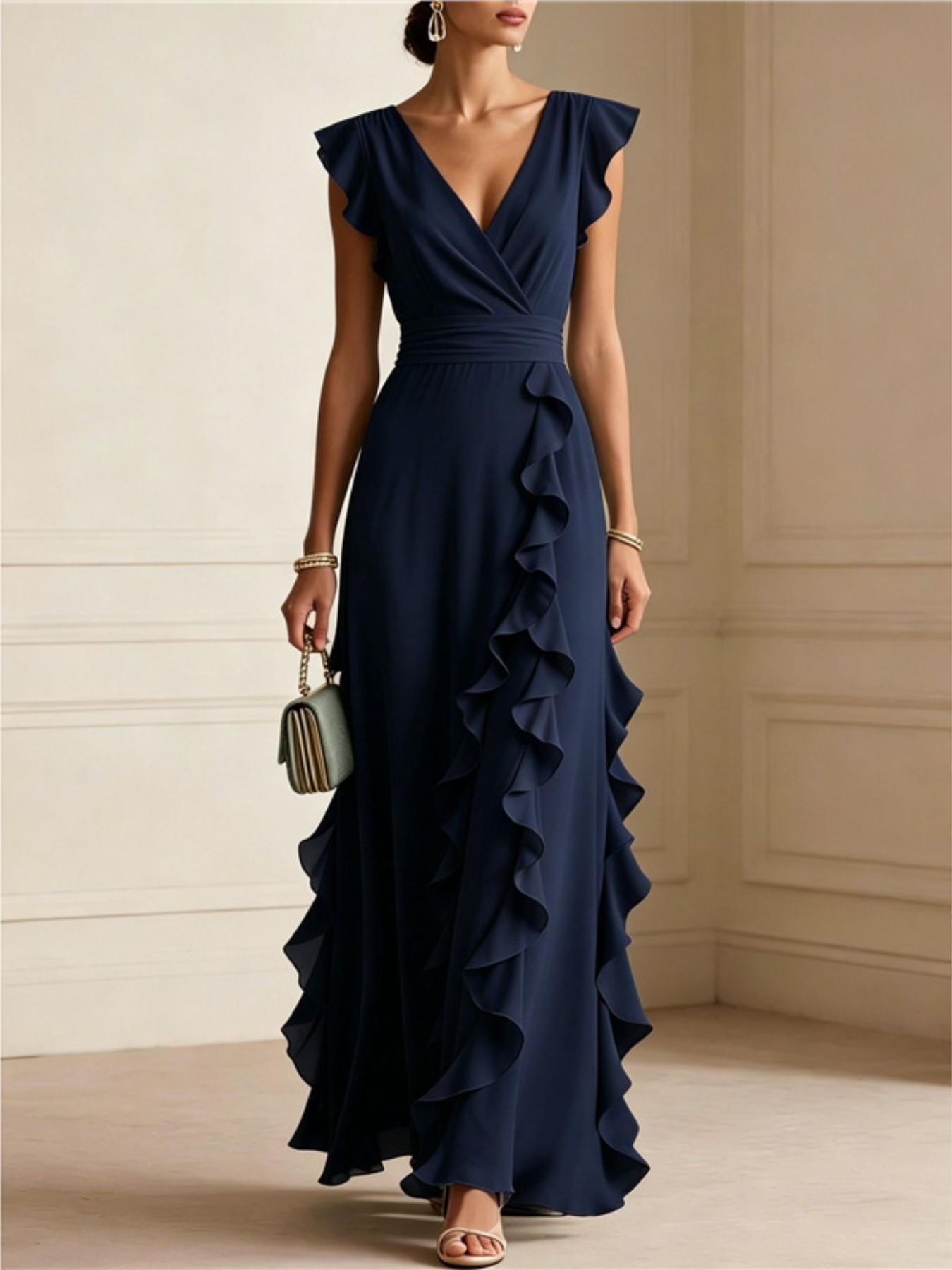 【XX72 Exclusive】Women’s Elegant Maxi Dress, V Neck Ruffle Dress, Flutter Sleeve Wrap, Formal Long Dress, Wedding Guest Evening Party Gown