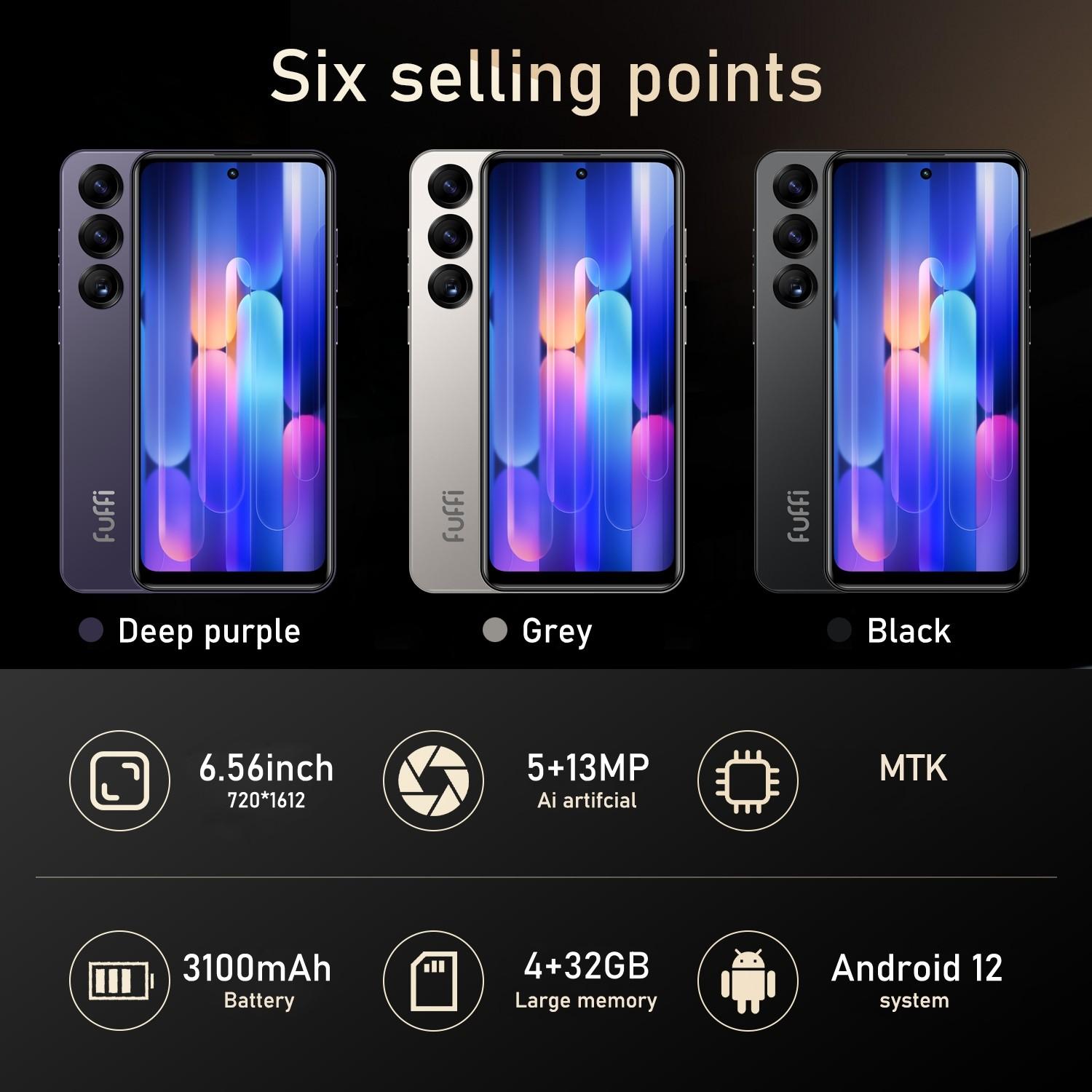 Fuffi Smart Phone, Android Smartphone, Android Mobile Phone, Android Cell Phone, 6.56-Inch Display, 4+32GB Storage, Android 12.0, Dual Sim, 3100mah Battery, USB, 4g Network, Front & Rear Cameras