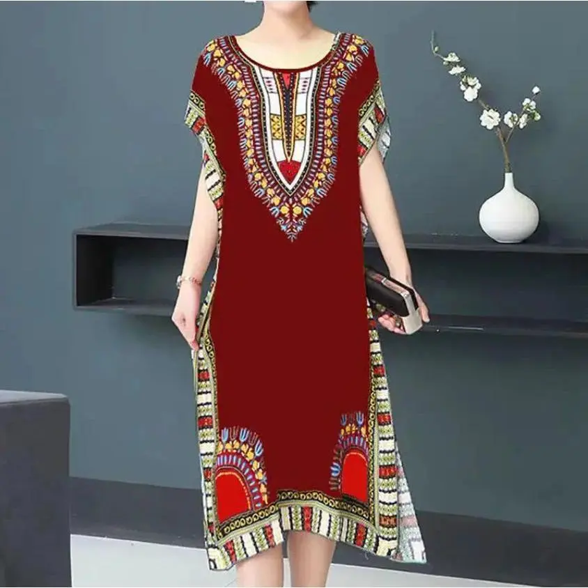 Casual Elegant Bohemian Printed Ethnic Style Retro Floral Woman Summer Street Wear Batwing Sleeve Loose Tunic Maternity Dress