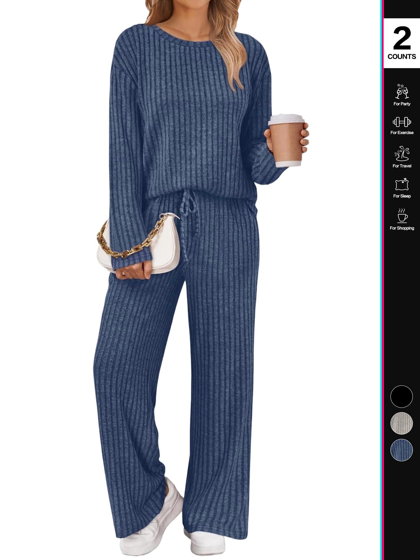 Womens Lounge Sets 2 Piece Matching Pajamas Fall Fashion 2025 Ribbed Knit Outfits Long Sleeve Casual Sweatsuits