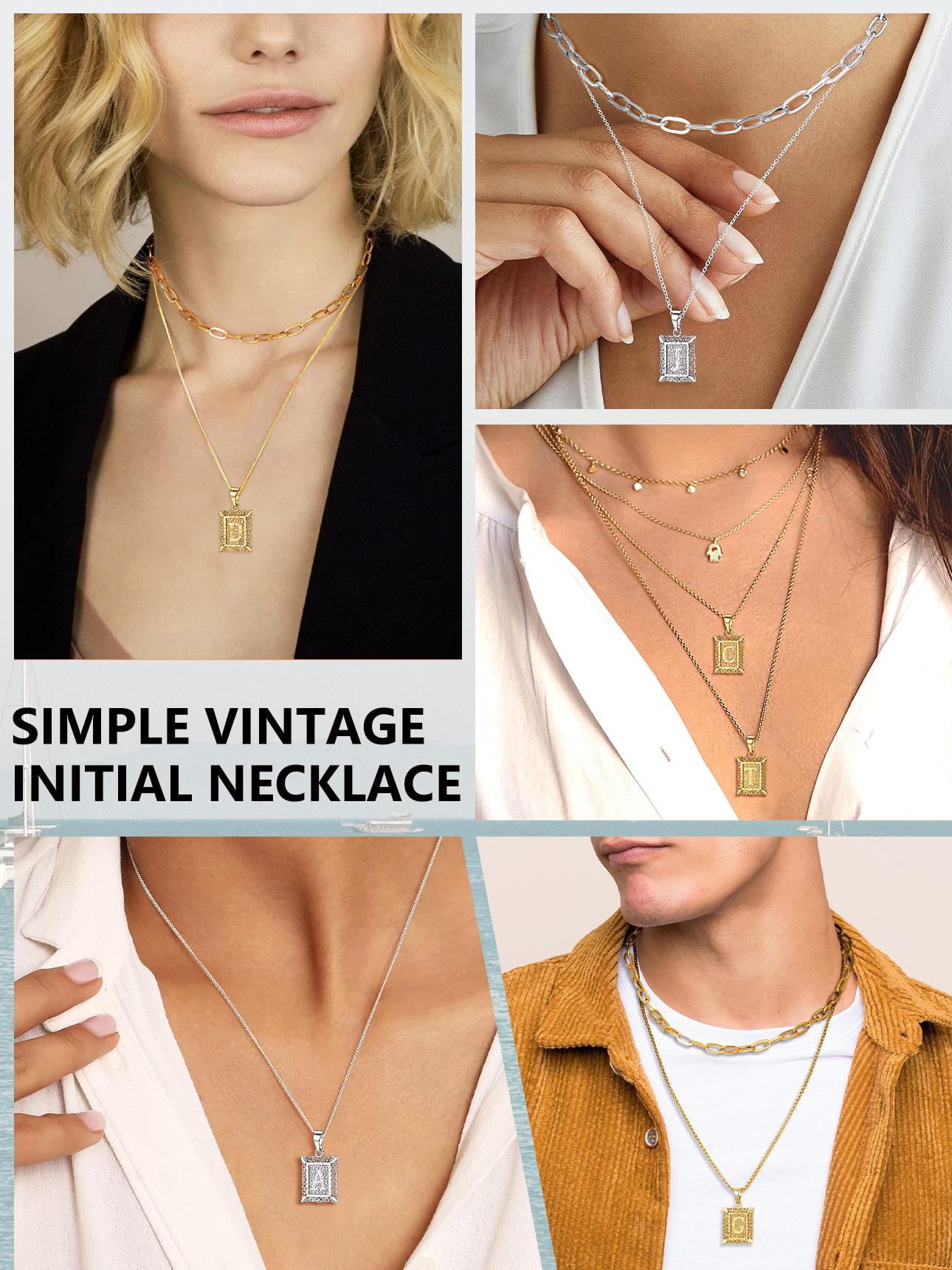 FindChic Initial Tag Necklace A-Z 26 Letters Name Pendant Necklace Double Chain Set Stainless Steel Chain Stack Vintage Chain Unisex for Women Men