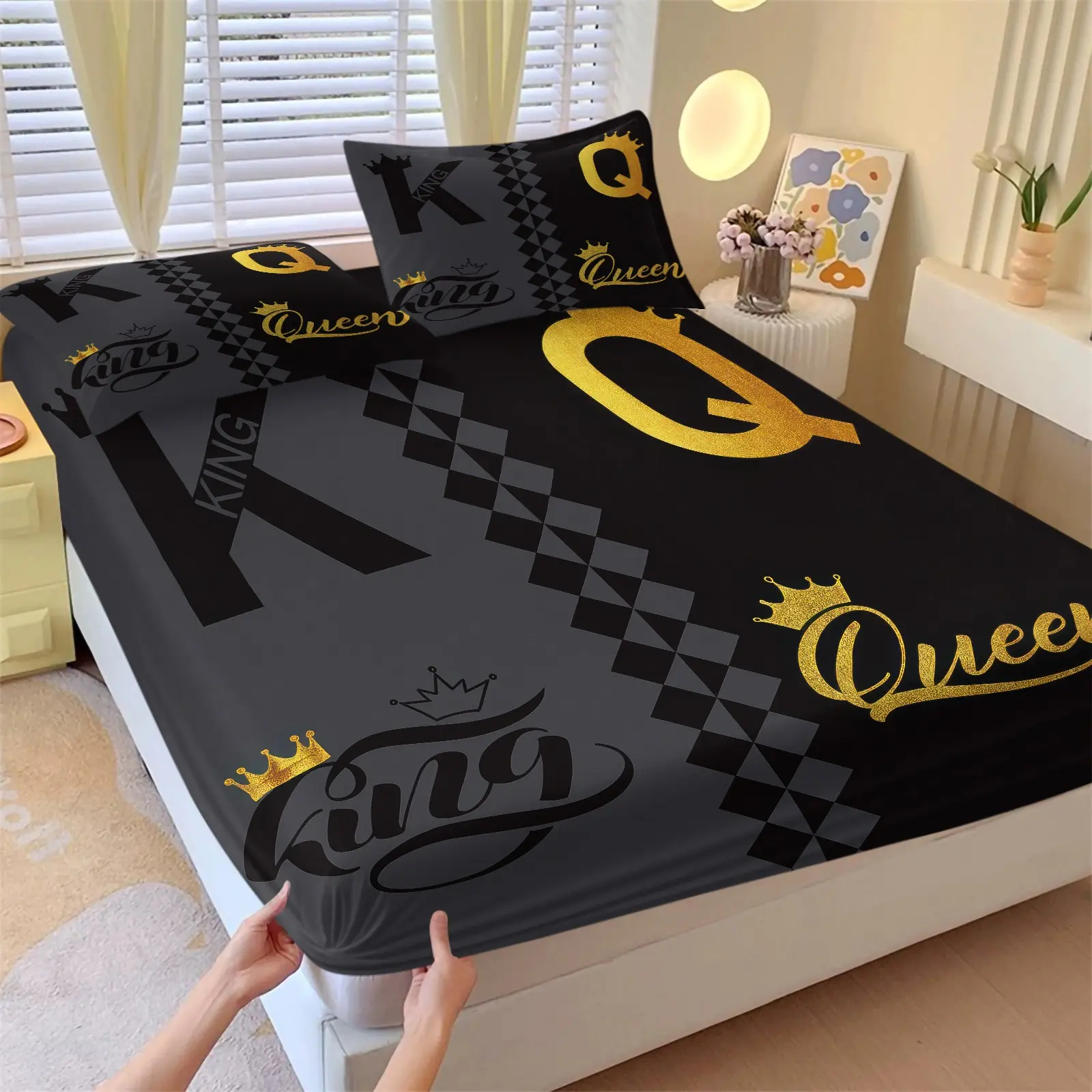 3Pcs King Queen Crown Print Fitted Sheet Set, Soft Microfiber Deep Pocket Non-Slip Bed Sheet with Pillowcases, Luxury Bedding Set for Men's Bedroom Decor, Decorative Bedsheet Sets, Multiple Colors Available, Bed Sheets Set, Bedding Supplies