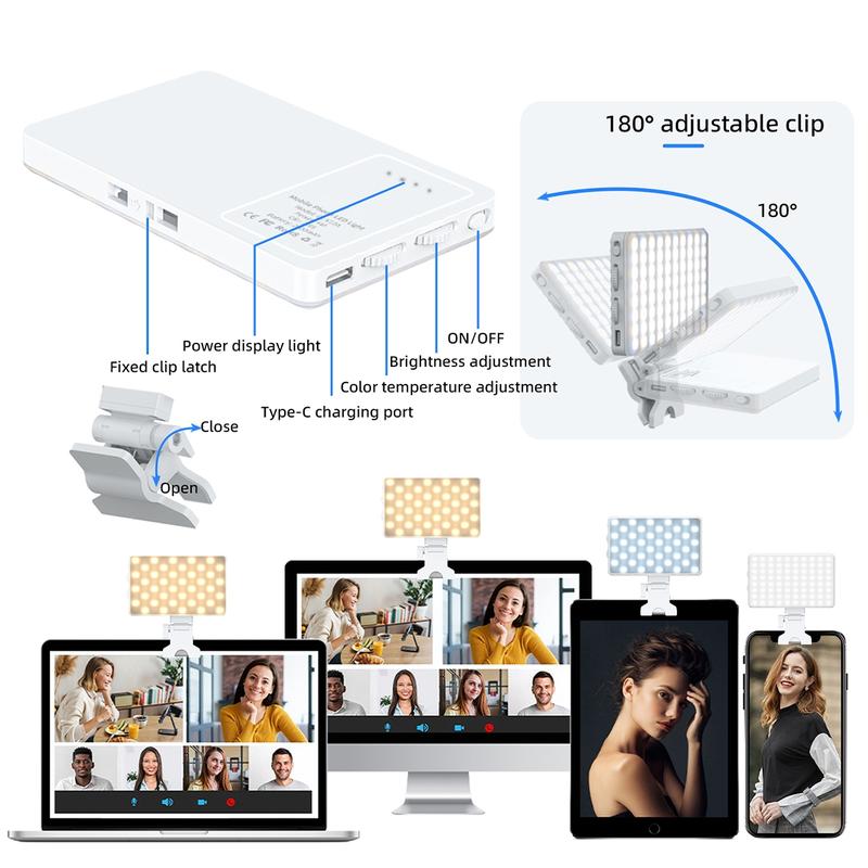 Portable Selfie Light with Clip, Rechargeable CRI 95+ 3 Light Modes Clip on Light, Selfie Accessories for Phone/Tablet/Laptop