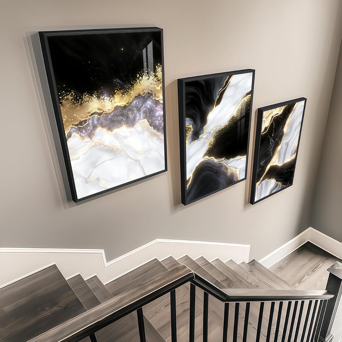 3 Counts Aluminum Alloy Framed Painting, Black White Gold Abstract Marble Art Pictures, Home Decoration For Living Room, Bedroom, Office, Restaurant, Hallway Wall Decor, Odorless Print Artwork, Luxury Perfect Gift For Friends And Family