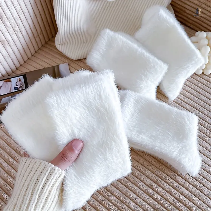 Fuzzy Crew Socks 5 Pairs, Solid Plush Warm Winter Socks, Soft Fluffy Cozy Non Slip Floor Socks, Comfort Thermal Sleep Socks for Women Home Daily Loungewear