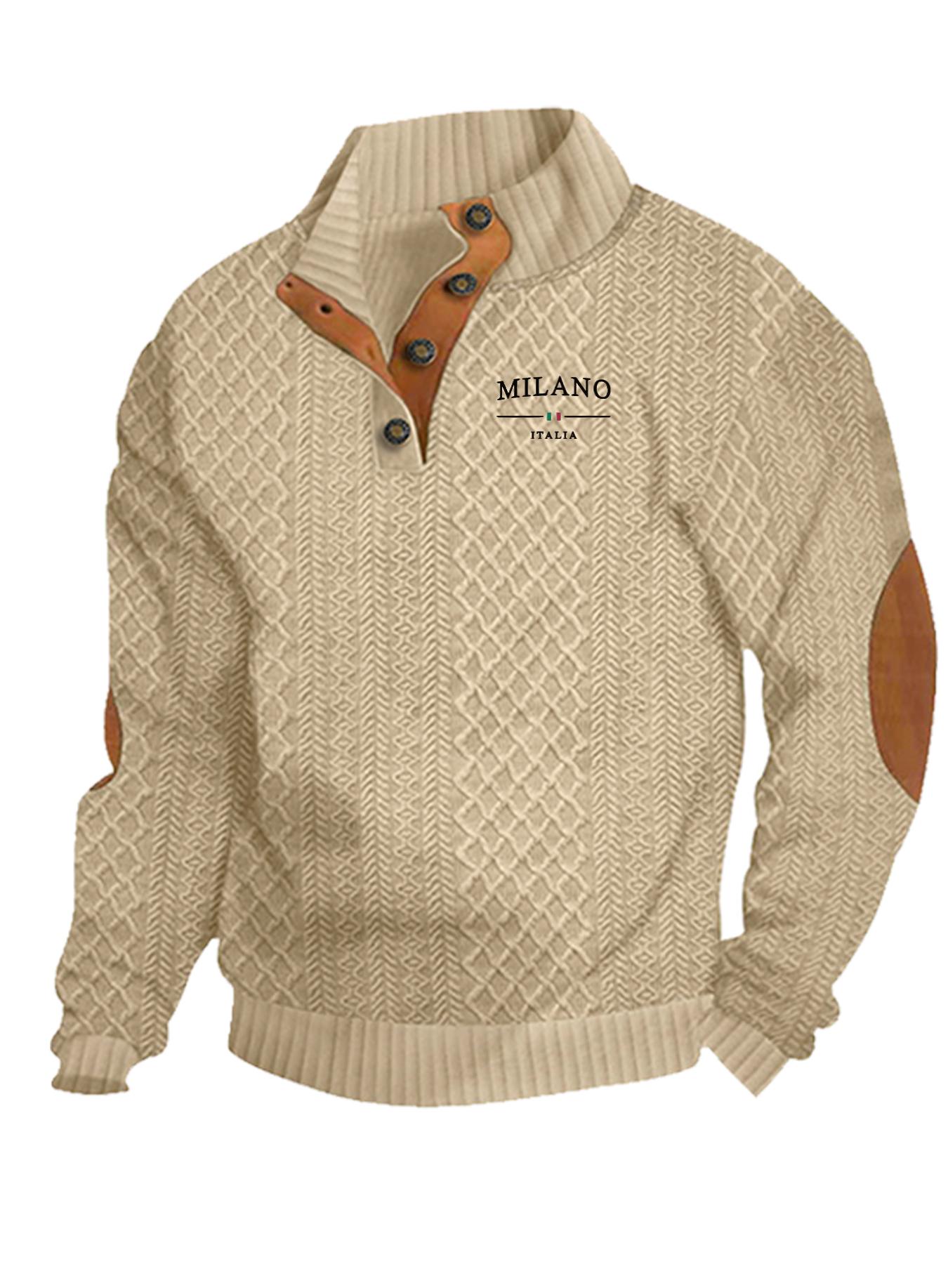 Men's Outdoor Letter jacquard Casual Pullover Tops, Quarter Button, Long Sleeve Stand Collar Fitted Pullover, Daily Wear, Polyester Fiber Material Knitwear, Street Style Casual Sporty Stylish Sweatshirt, Spring and Autumn Seasons.