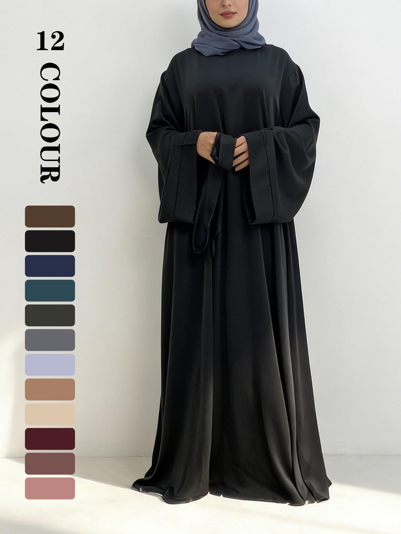 Muslim Modest Fashion Simple Nida High-Quality Long Sleeve Wide Sleeve Dress with Waist Belt, No Hijab Included, 12 Colors, 5 Sizes Available EID Ramadan Dress, Muslim Evening Dress