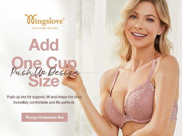 Wingslove Comfort Padded Lace Underwire Bras For Women Add 1 Cup Plunge Push Up Bra