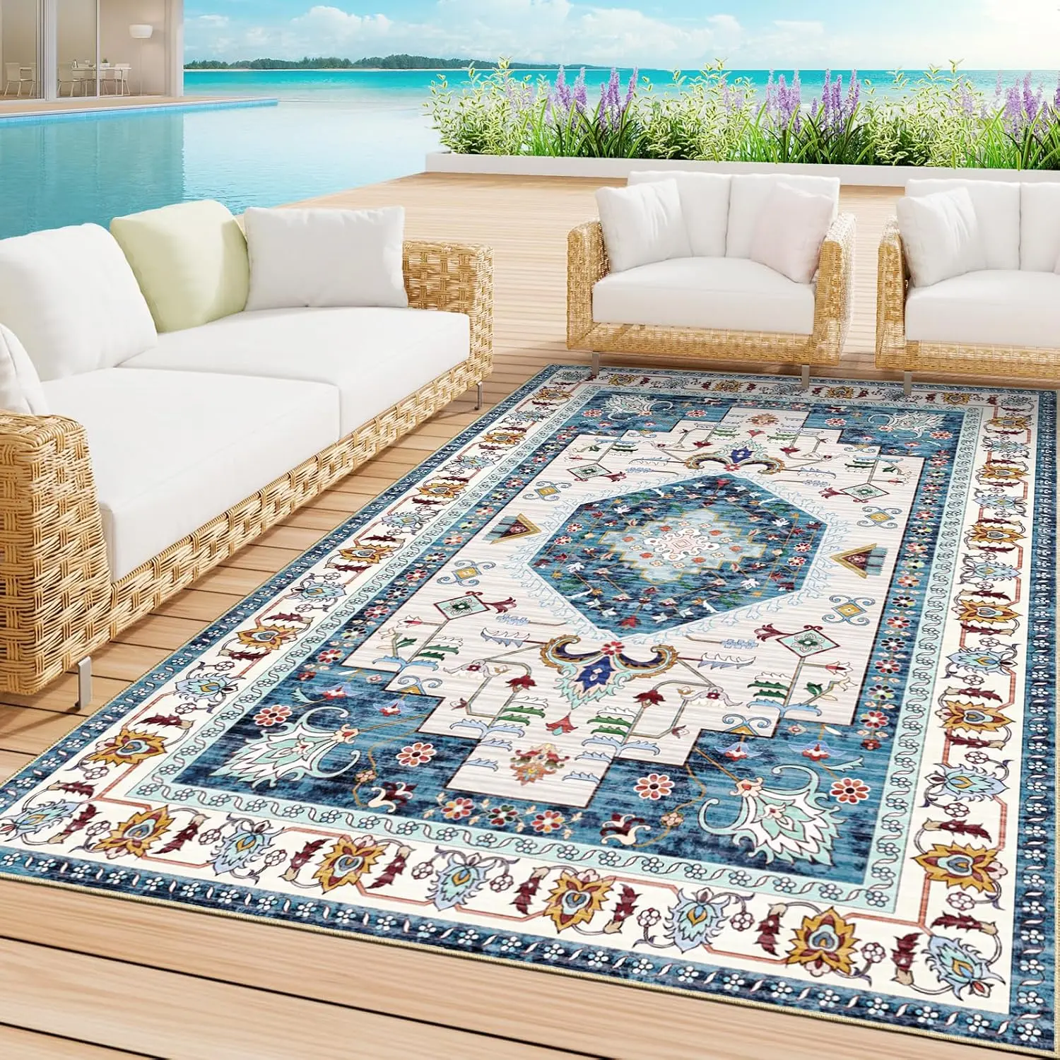 Outdoor Boho Area Rug 5x7 Ft Outside Rug Outdoor Carpet Large Floor Mat | Non-Slip, Washable, Absorbent,  Boho Indoor/Outdoor Patio Rug for Deck, Patio, Backyard, RV, Living Room & Bedroom
