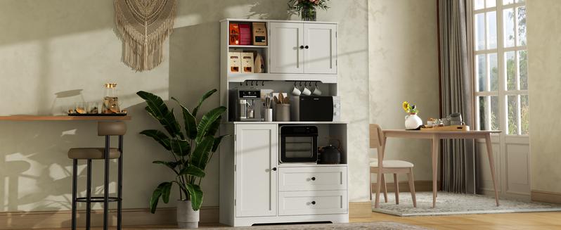 64" Tall Kitchen Pantry Storage Cabinet with Microwave Stand, Freestanding Kitchen Hutch Cabinet with Storage, Cupboard Cabinet for Kitchen, Living Room(White)