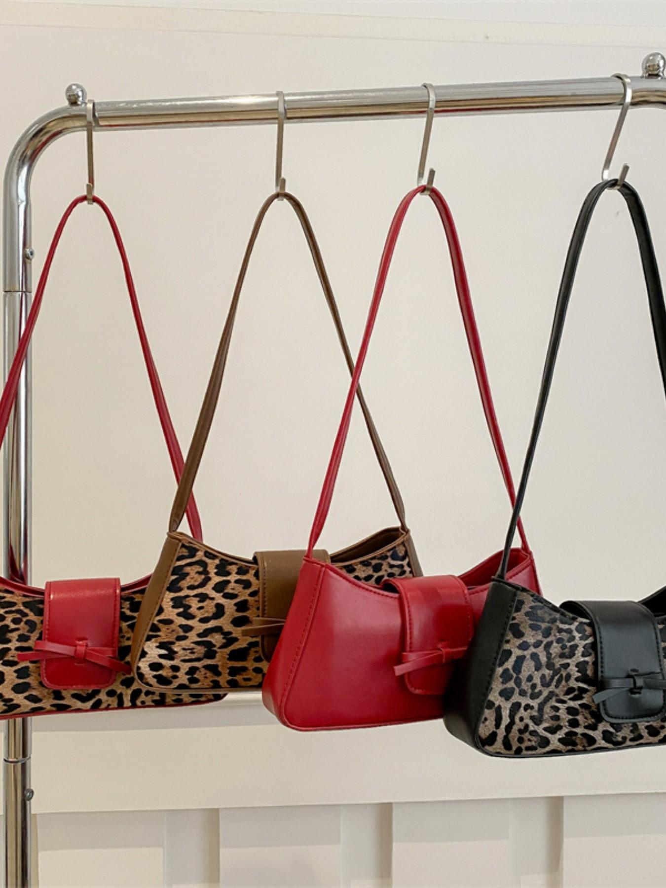 Leopard Print Fashion Trendy Bowknot Decorative Shoulder Bag, Stylish High-End Commuter Backpack, Unique Personality Design