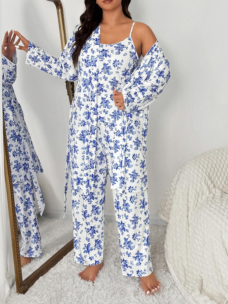 Plus Size Floral Print Robe Set for Women, Elegant Comfortable Sleepwear, Sleeveless Top & Long Pants, Spring & Fall Home Wear, Pajama Set