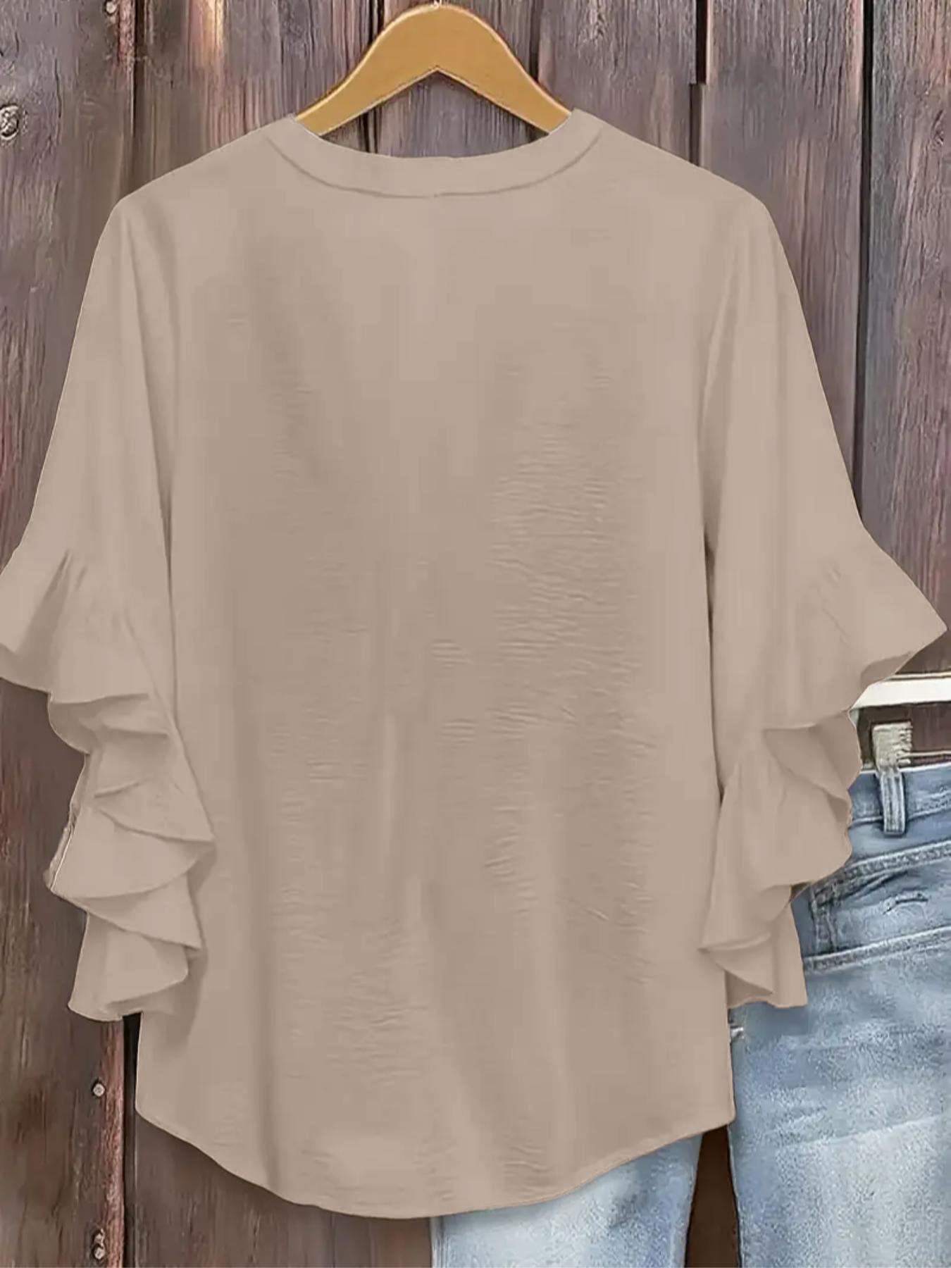 Plus Size Women's Ruffled Sleeve Notched-Neck Fitted Blouse Shirts, Elegant Comfortable and Stylish Solid Color Top, Perfect for Everyday Casual Wear Plus Size Women's Ruffled Sleeve Notched-Neck Fitted Blouse Shirts, Elegant Comfortable and Stylish Solid Color Top, Perfect for Everyday Casual Wear