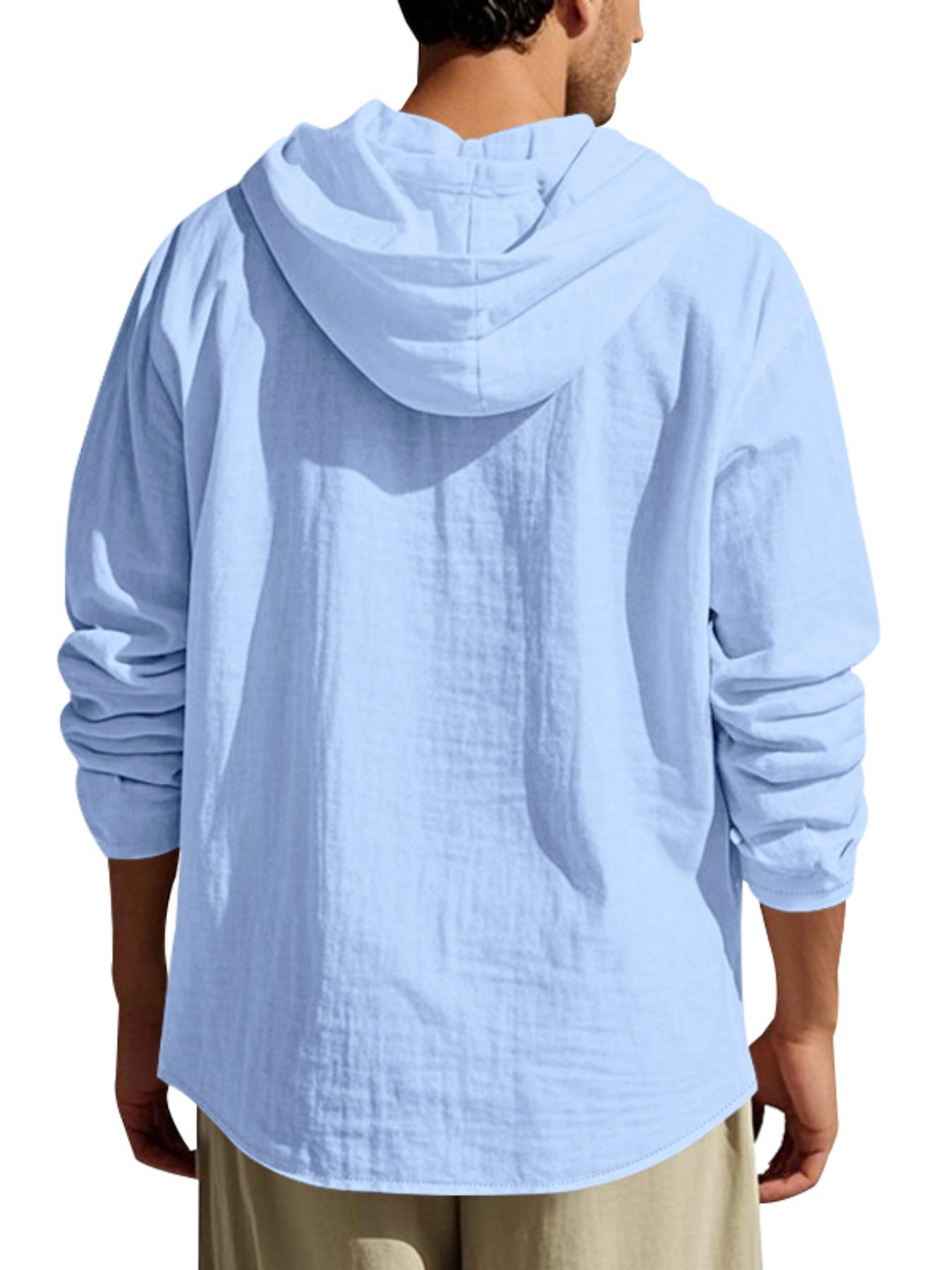Hooded Linen Long Sleeve Shirt Jacket, Hawaiian Style Casual Loose Fit, Drawstring & Button Design, Spring & Fall Fashion, Beach Vacation Essential