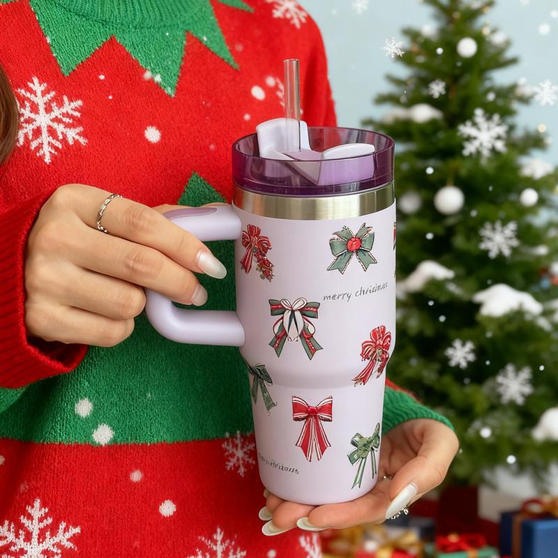 Christmas Bow Element Cup, Large Capacity Car Mug with Handle, Stainless Steel Insulated Travel Cup, Vacuum Insulated Tumbler, Coffee Cup for School Office Outdoor Gym Home