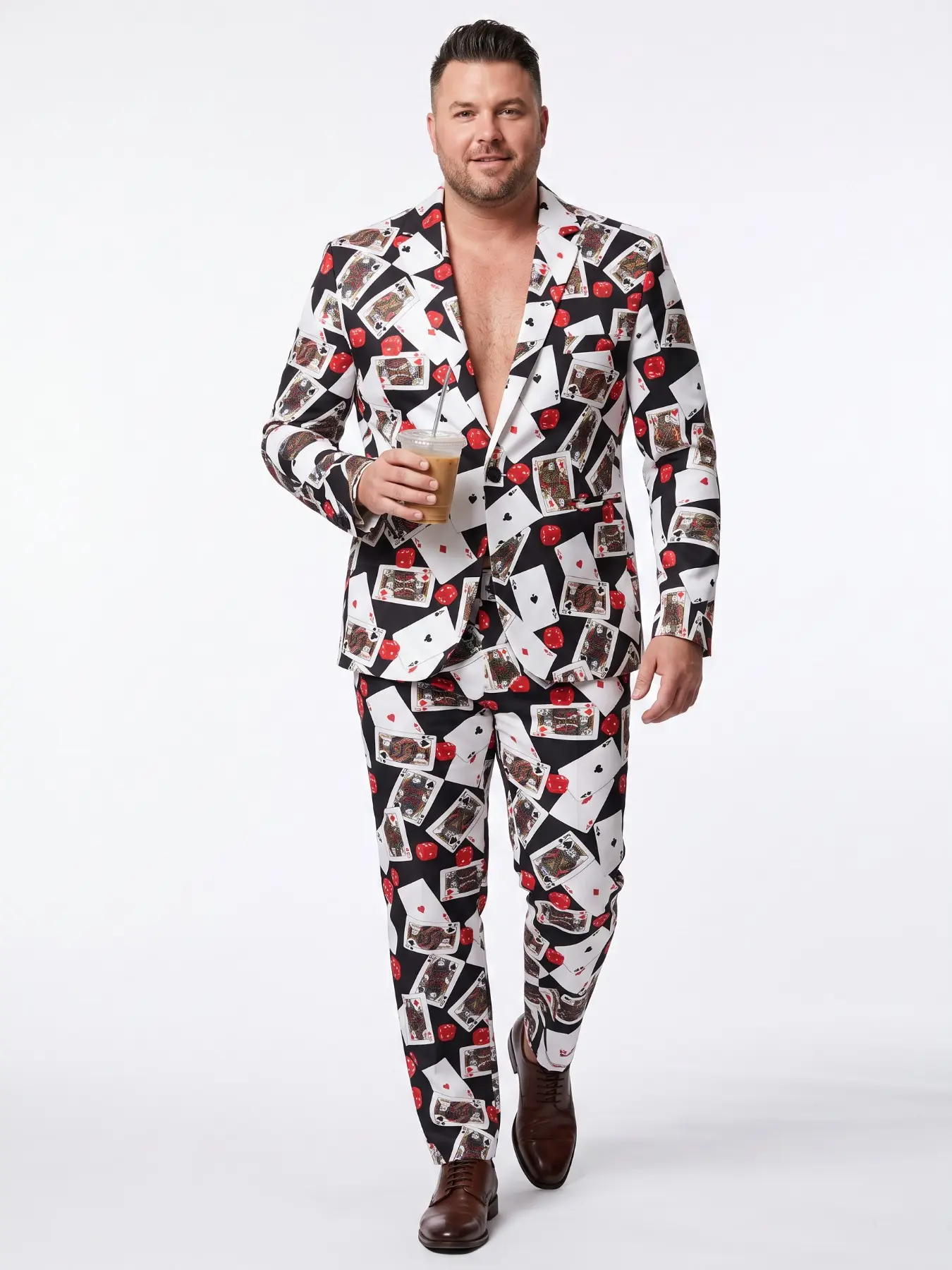 Plus-size men's suit set with playing cards and dice print, casino-themed party stage suit